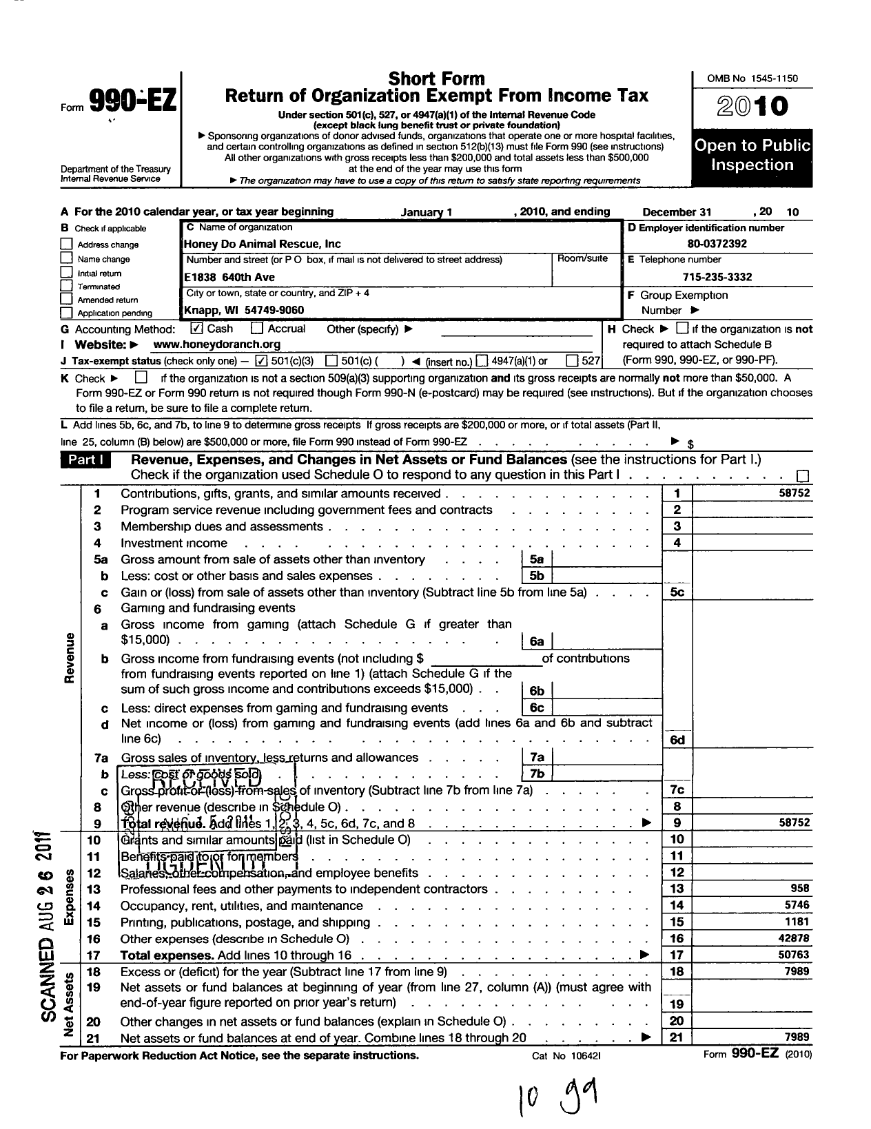 Image of first page of 2010 Form 990EZ for Barefoot Crow Animal Rescue