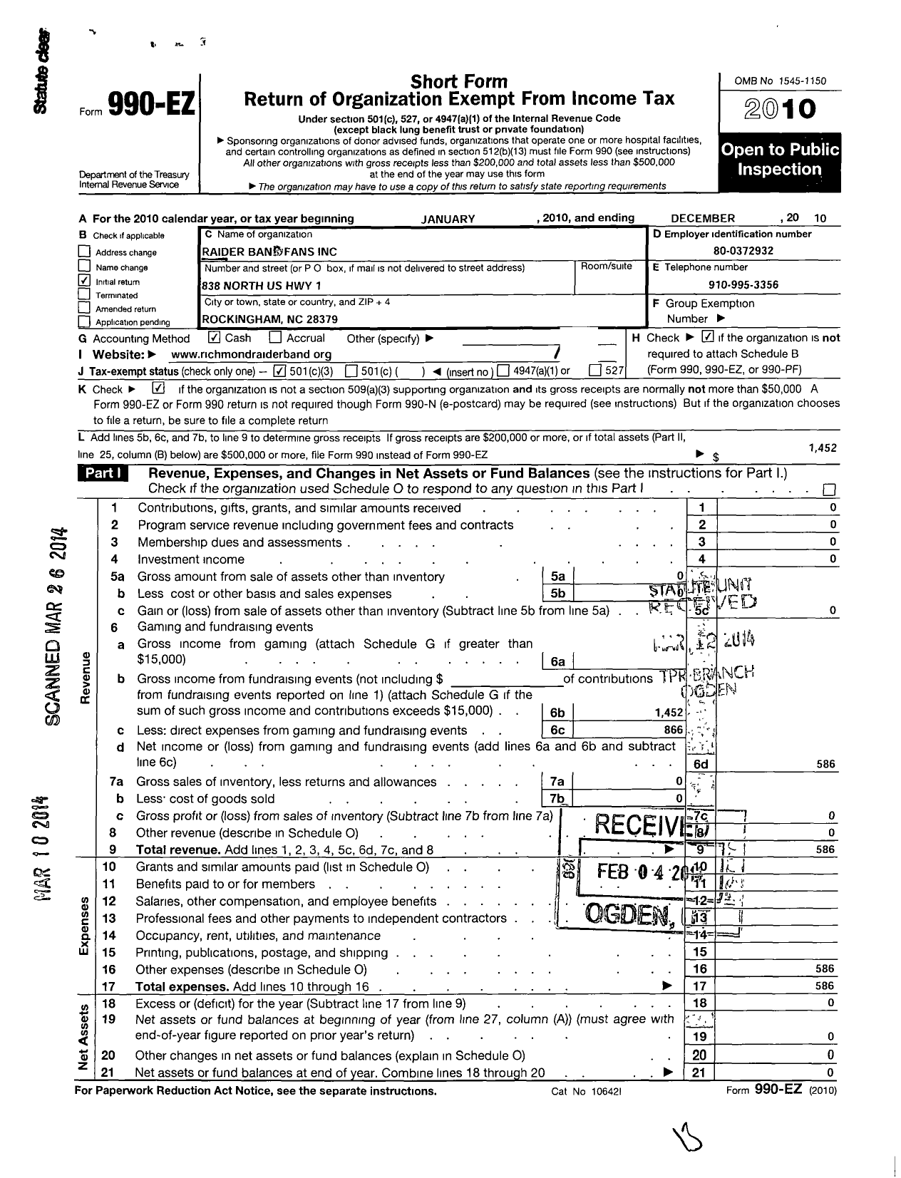 Image of first page of 2010 Form 990EZ for Raider Band Fans