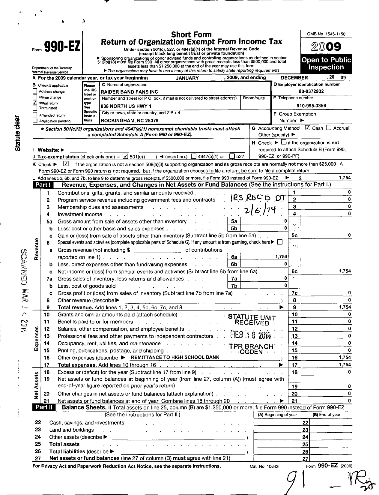 Image of first page of 2009 Form 990EO for Raider Band Fans