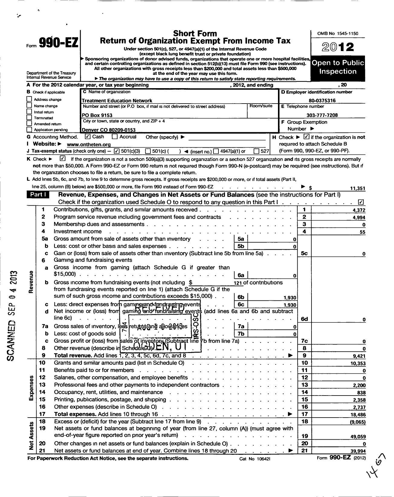 Image of first page of 2012 Form 990EZ for Treatment Education Network (TEN)