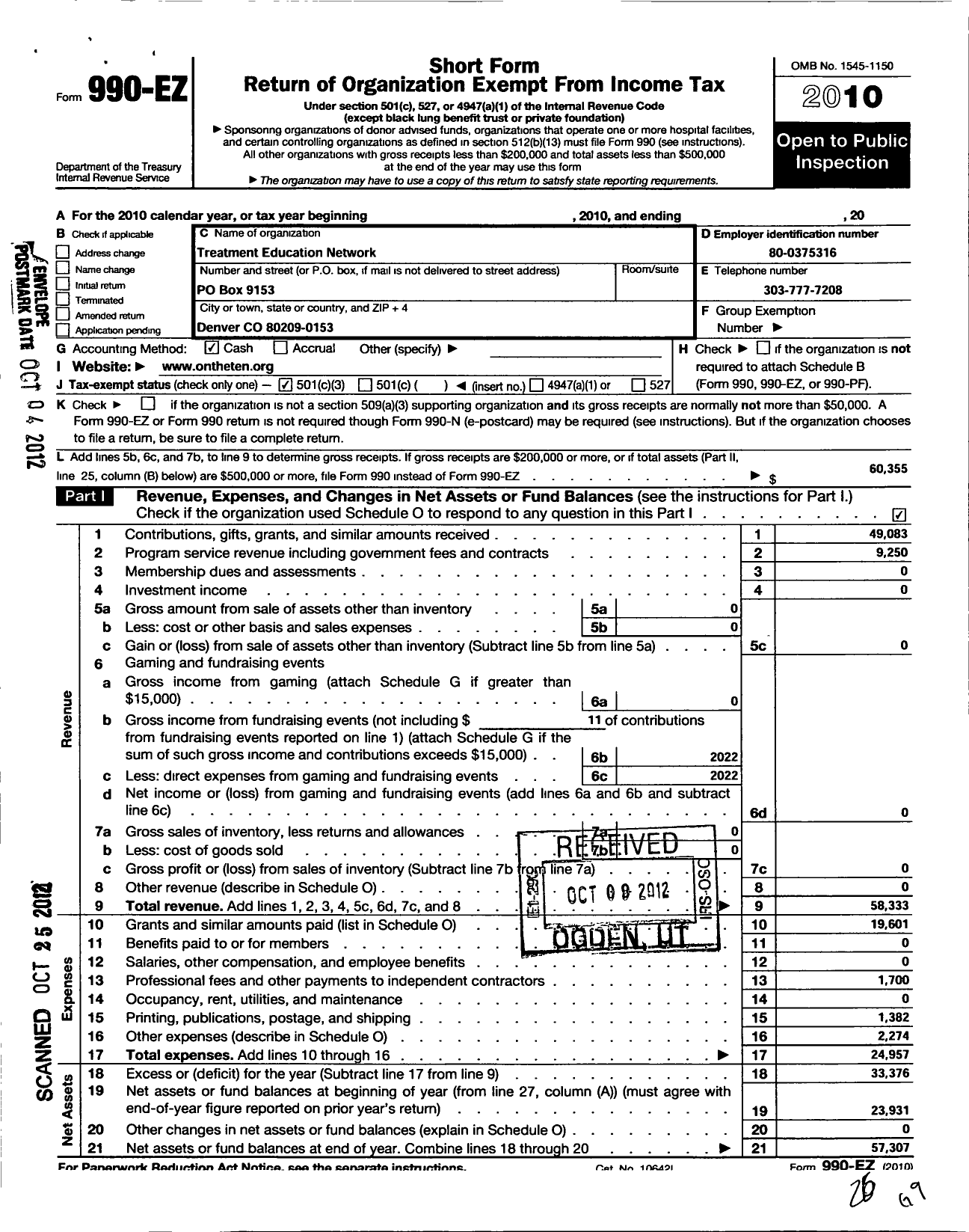 Image of first page of 2010 Form 990EZ for Treatment Education Network (TEN)