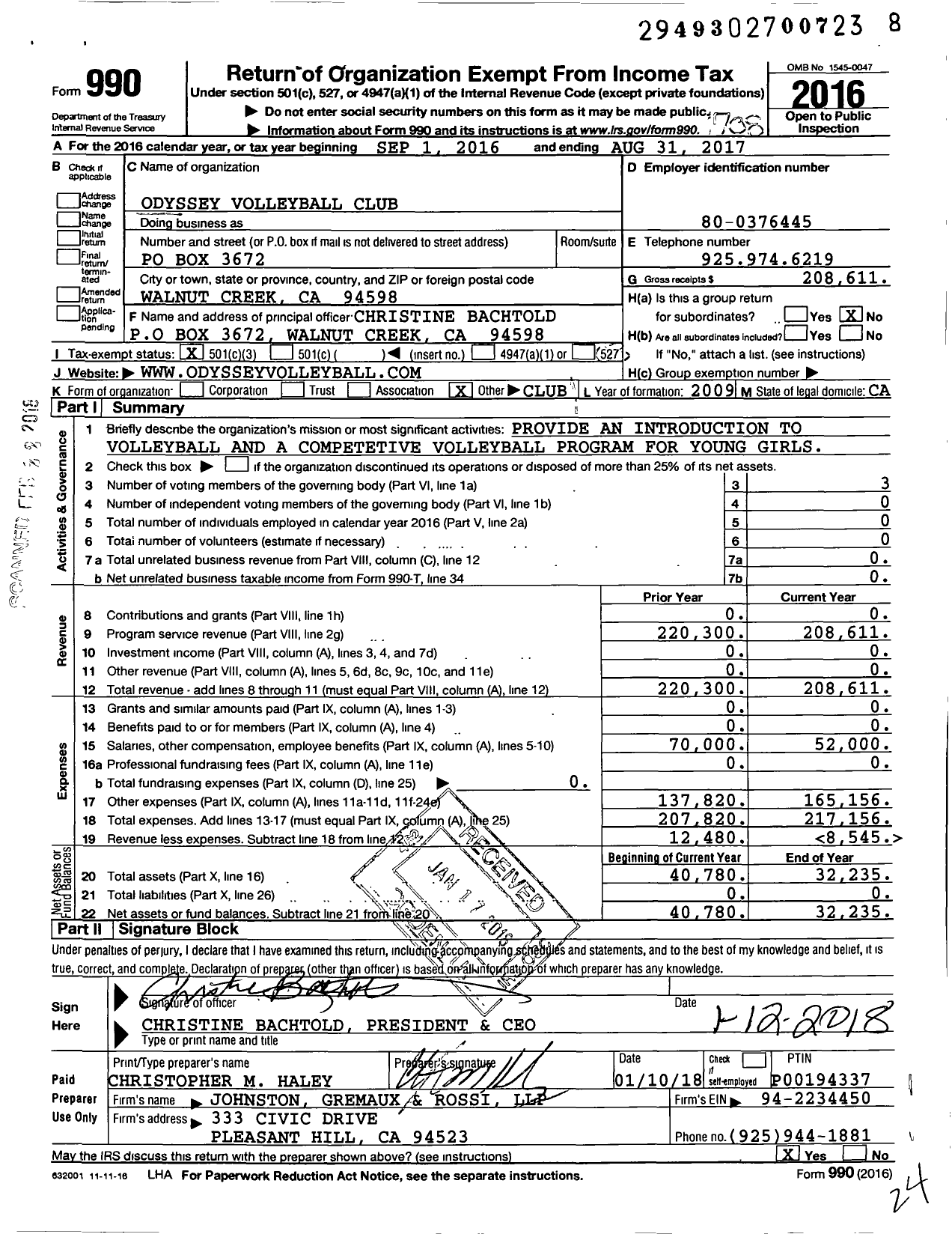 Image of first page of 2016 Form 990 for Odyssey Volleyball Club