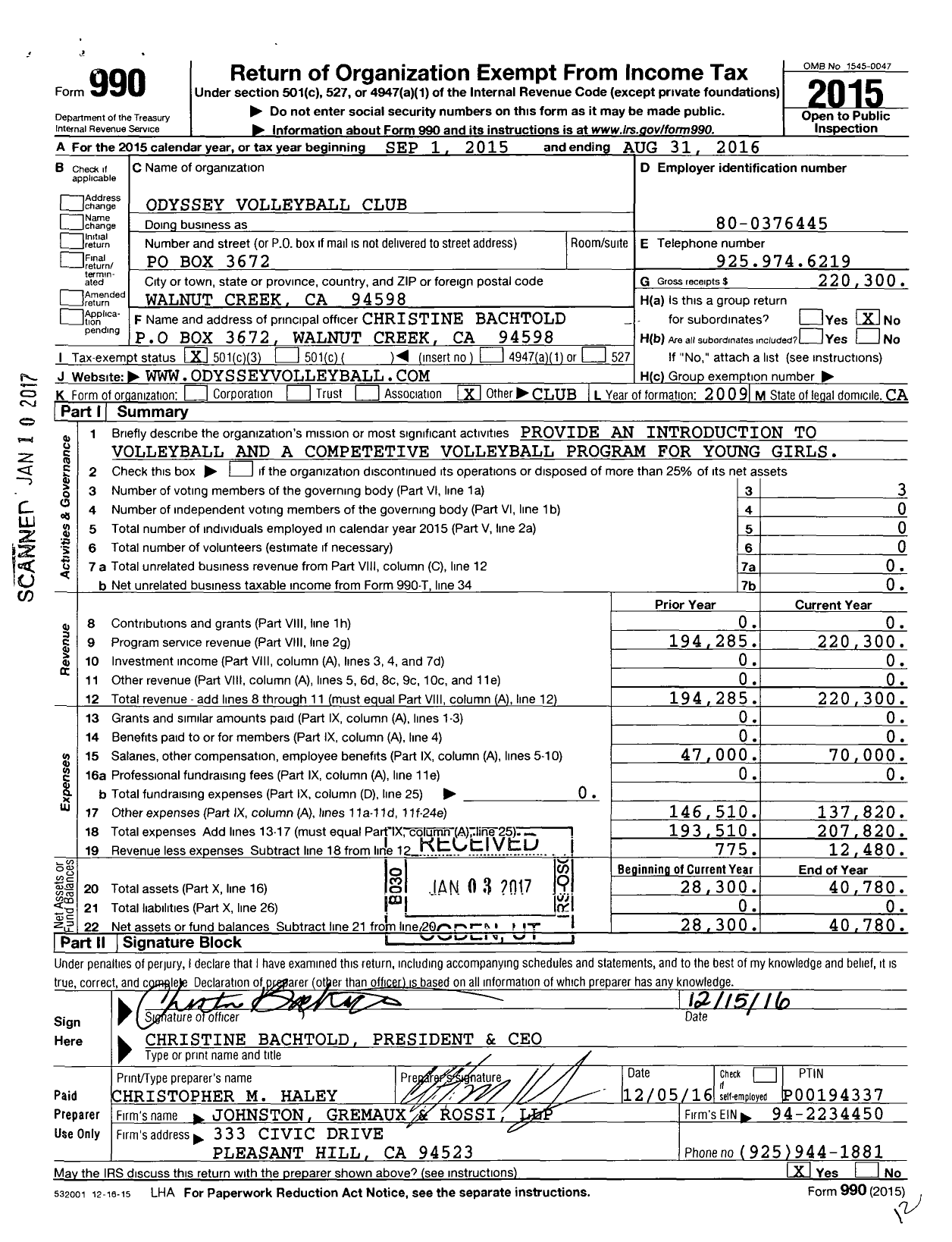 Image of first page of 2015 Form 990 for Odyssey Volleyball Club