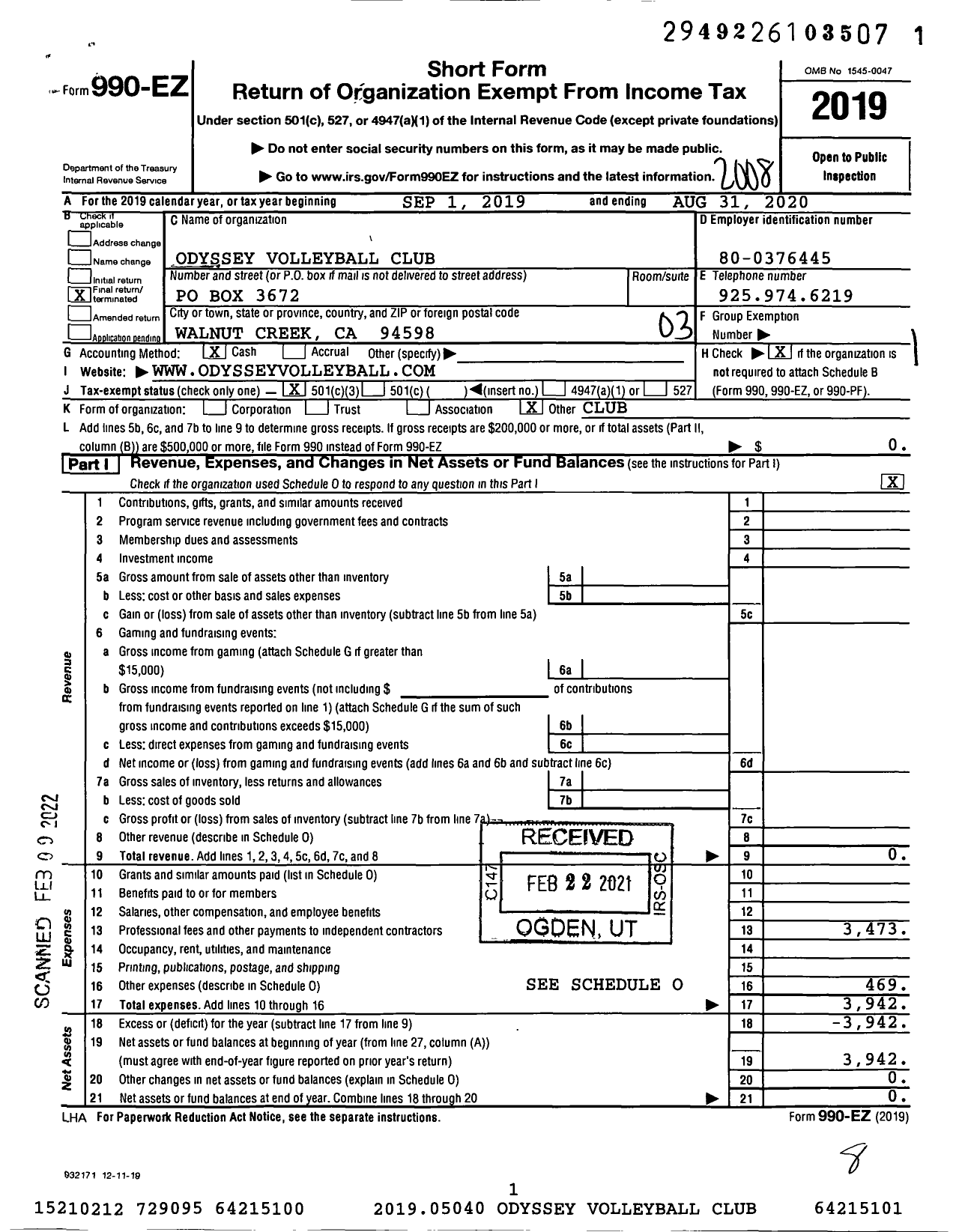 Image of first page of 2019 Form 990EZ for Odyssey Volleyball Club