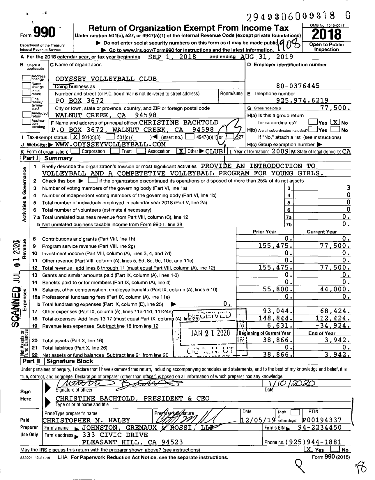 Image of first page of 2018 Form 990 for Odyssey Volleyball Club