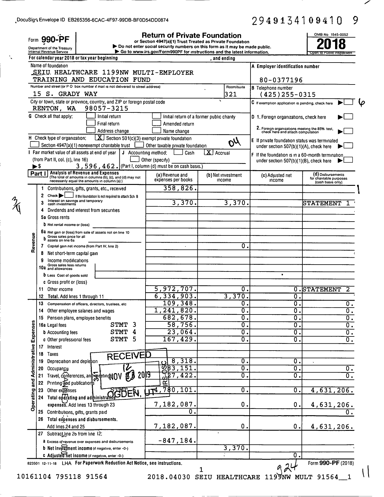 Image of first page of 2018 Form 990PF for Seiu Healthcare 1199nw Multi-Employer Training and Education Fund