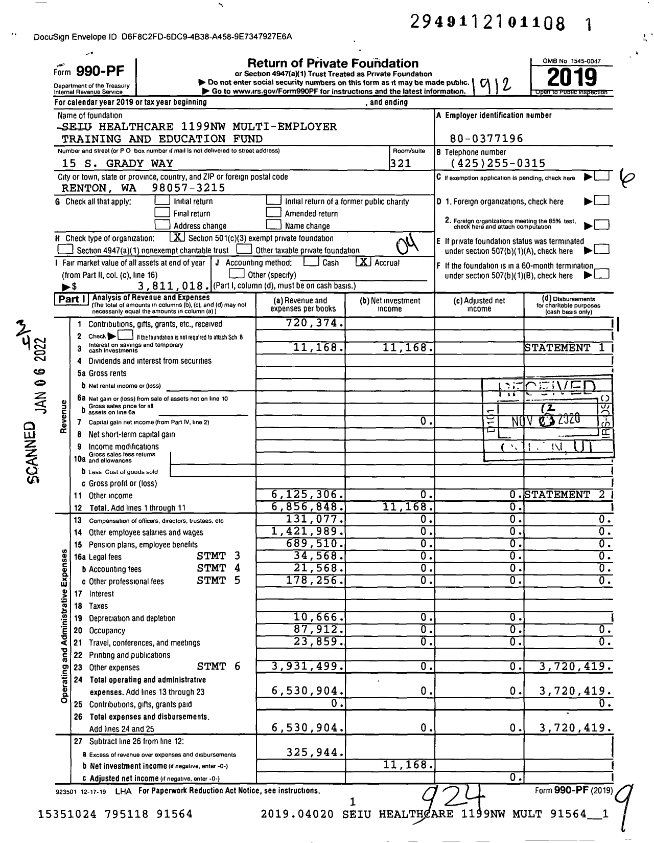 Image of first page of 2019 Form 990PF for Seiu Healthcare 1199nw Multi-Employer Training and Education Fund