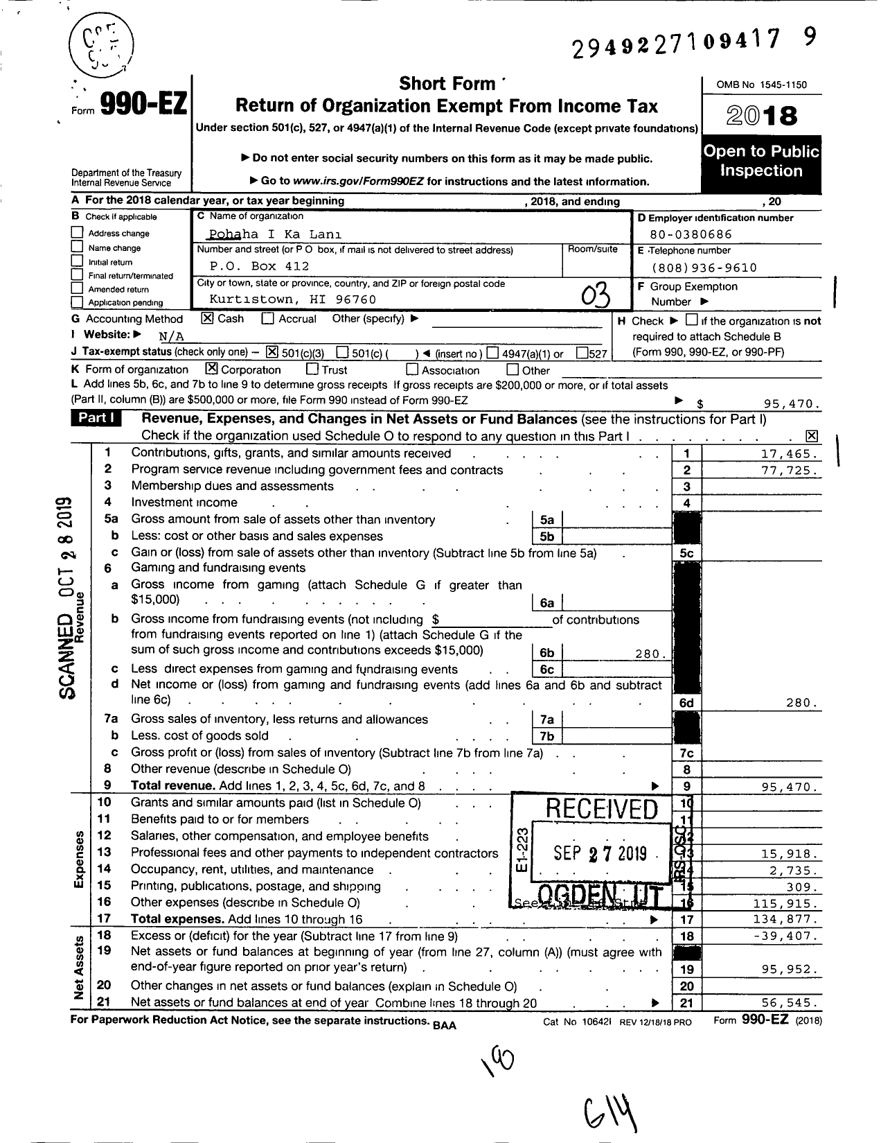 Image of first page of 2018 Form 990EZ for Pohaha I Ka Lani