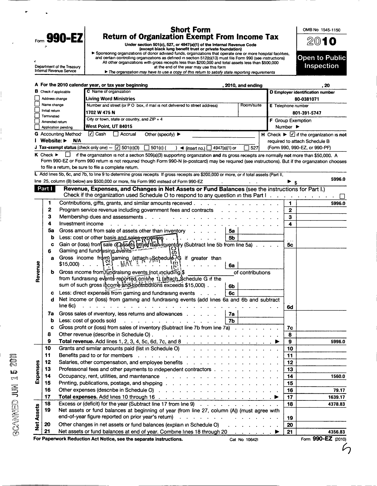 Image of first page of 2010 Form 990EZ for Living Word Ministries