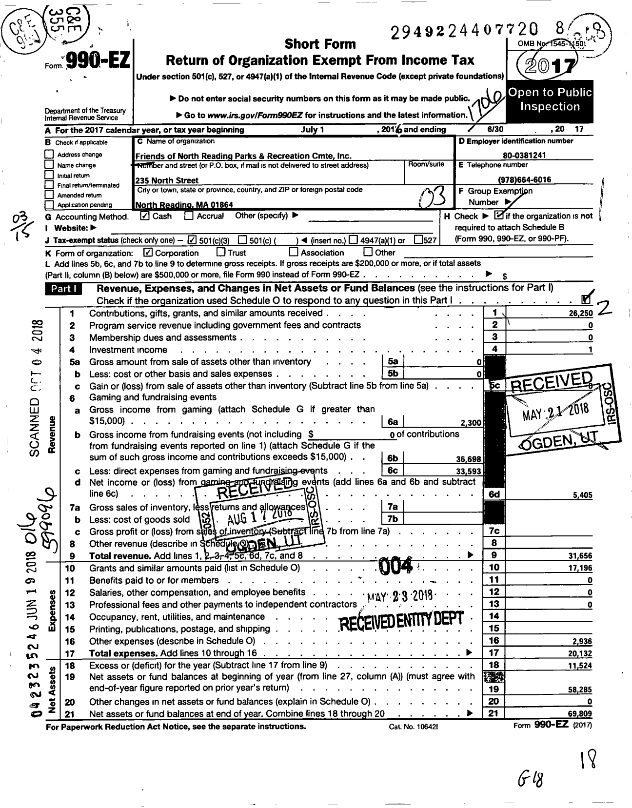 Image of first page of 2016 Form 990EZ for Friends of North Reading Parks and Recreation Committee