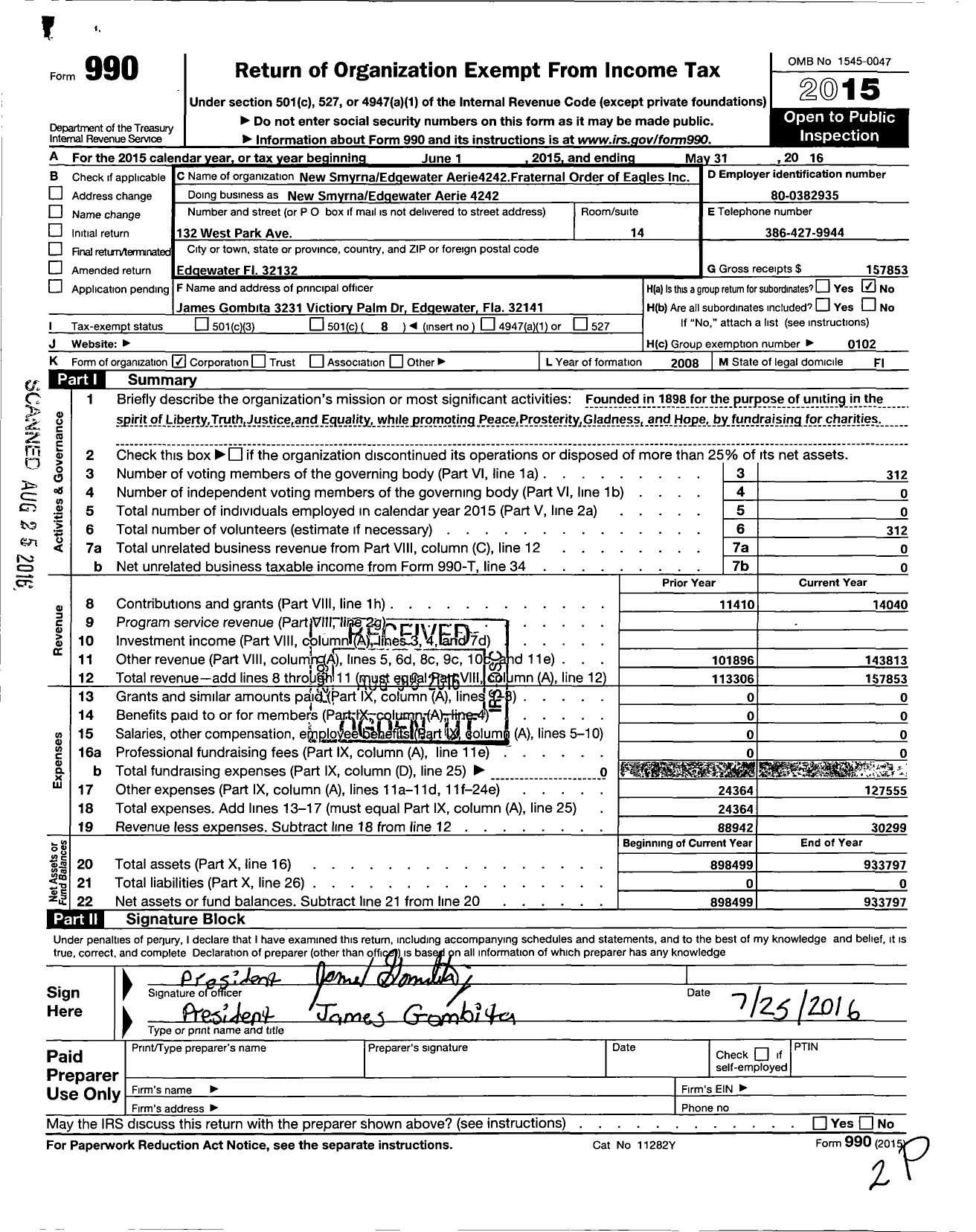 Image of first page of 2015 Form 990O for Fraternal Order of Eagles - 4242 Auxiliary