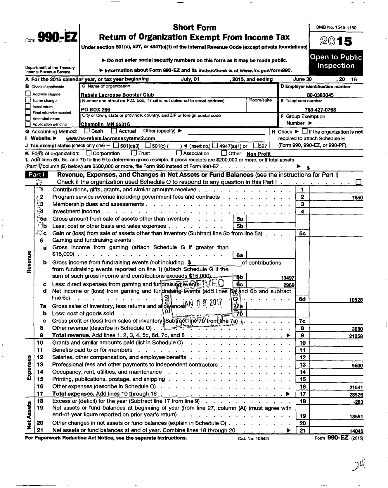 Image of first page of 2015 Form 990EO for Rebels Lacrosse Booster Club