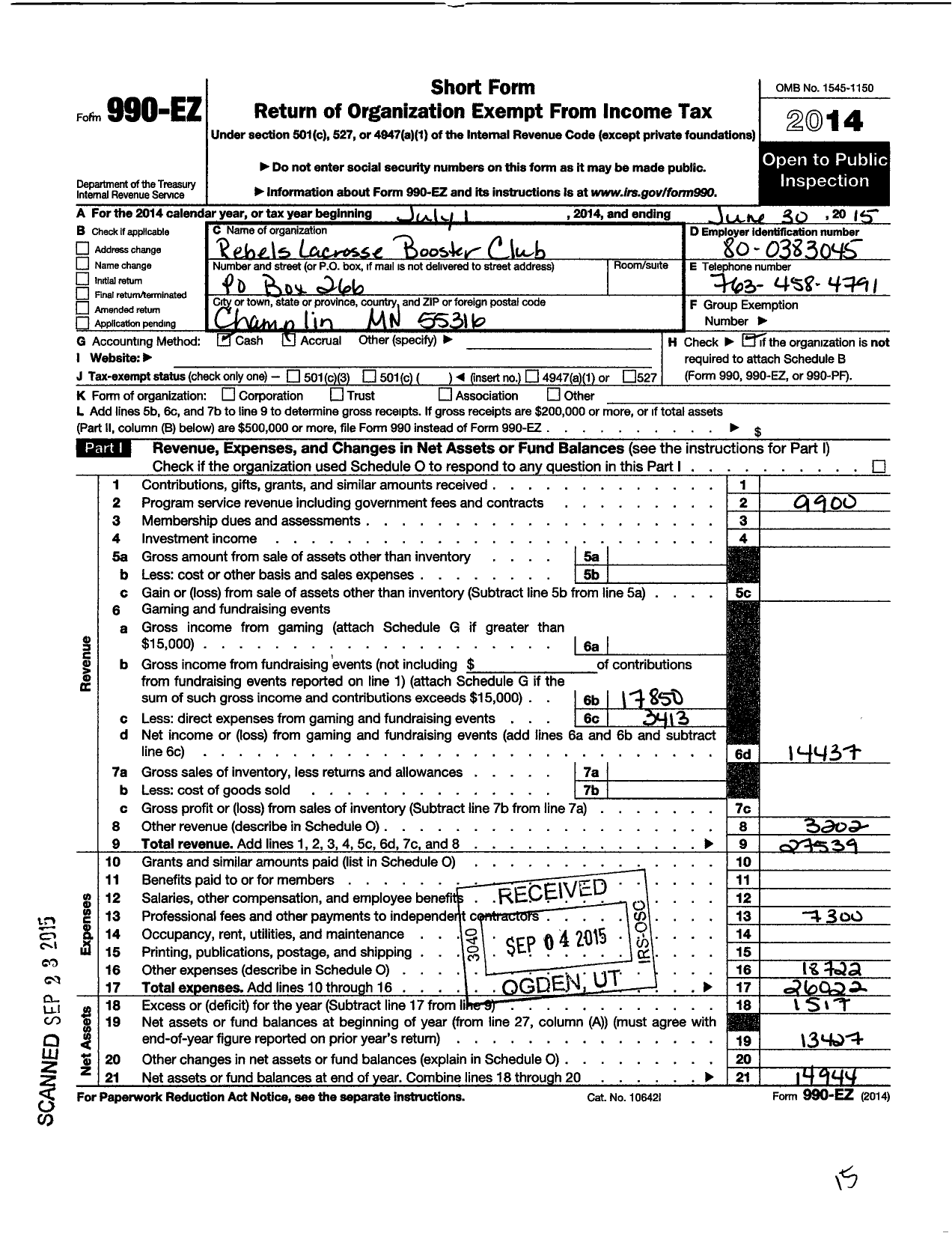 Image of first page of 2014 Form 990EO for Rebels Lacrosse Booster Club