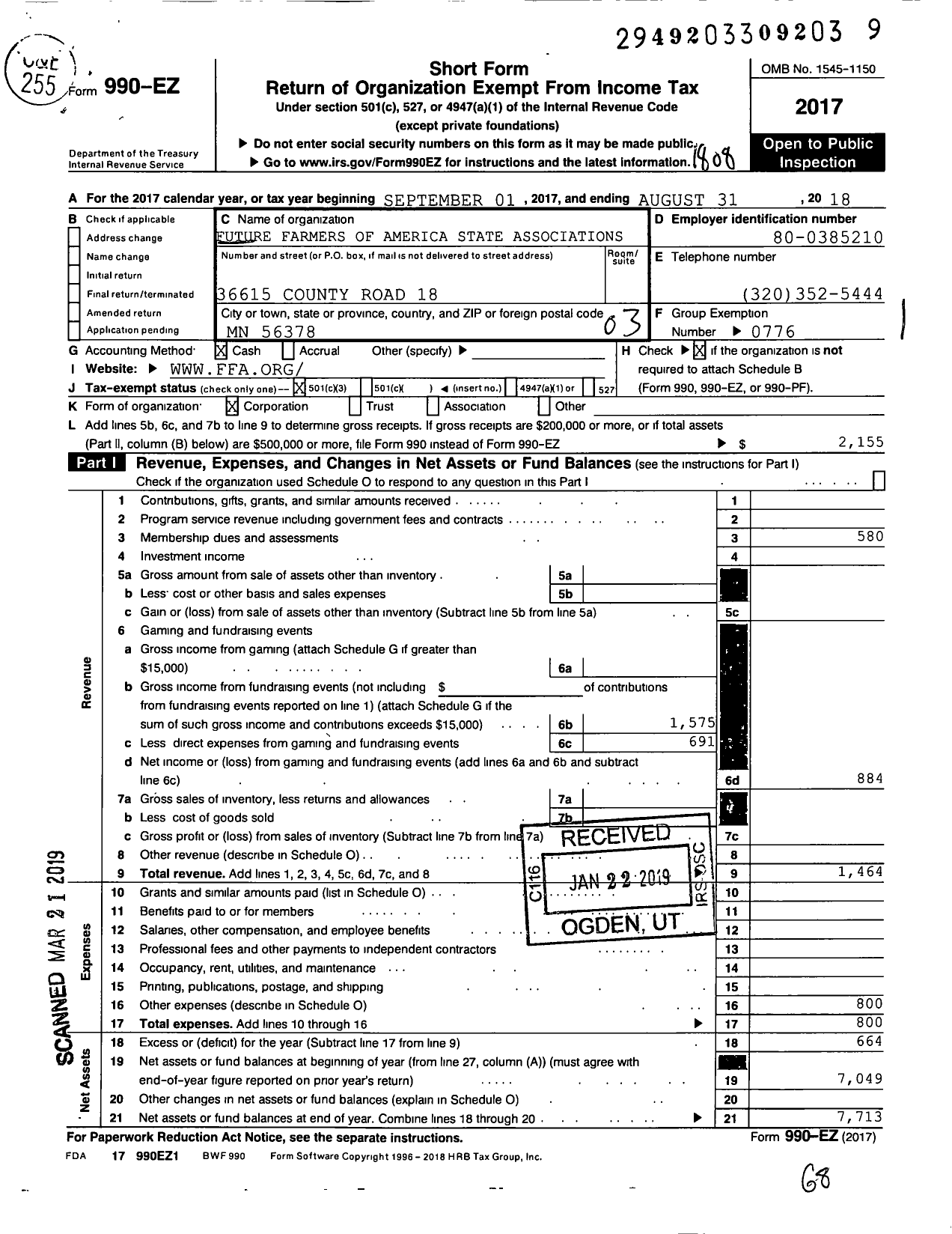 Image of first page of 2017 Form 990EZ for Future Farmers of America - 22105 Sauk Centre Ffa Alumni