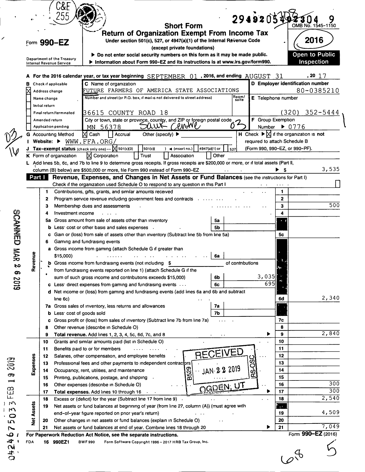 Image of first page of 2016 Form 990EZ for Future Farmers of America - 22105 Sauk Centre Ffa Alumni