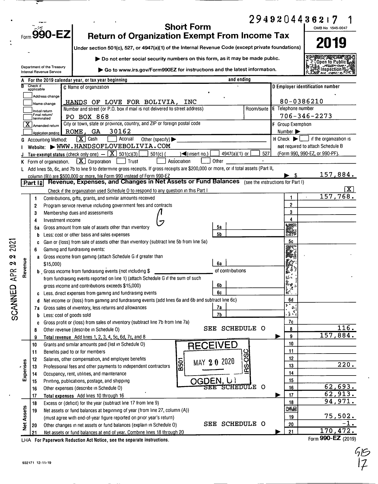 Image of first page of 2019 Form 990EZ for Hands of Love for Bolivia