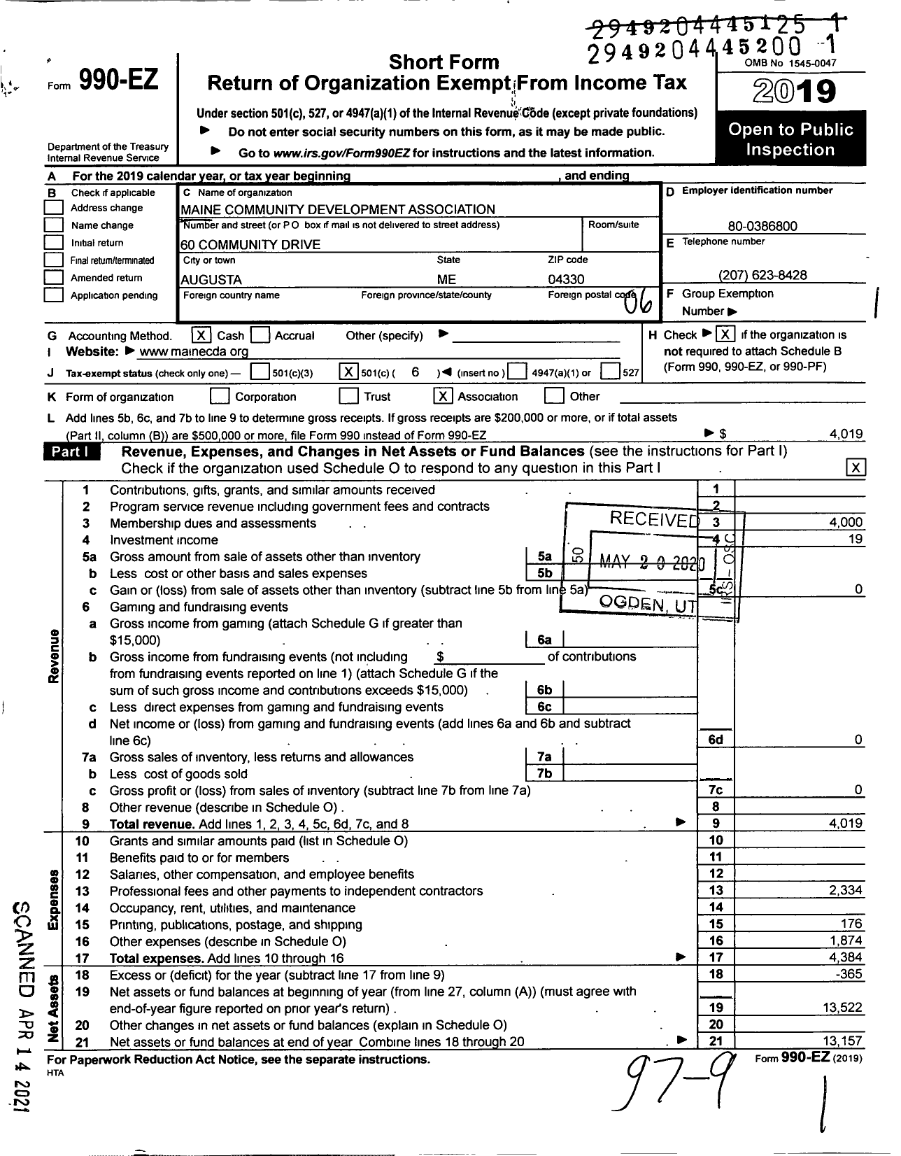 Image of first page of 2019 Form 990EO for Maine Community Development Association