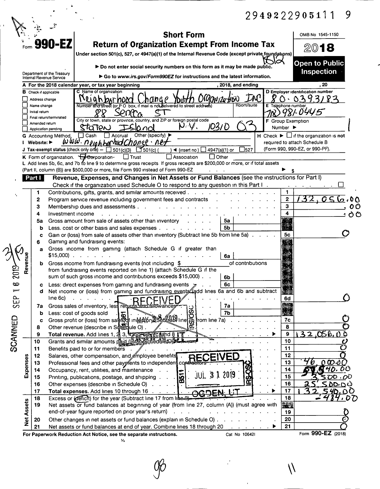 Image of first page of 2018 Form 990EZ for Neighborhood Change Youth Organization