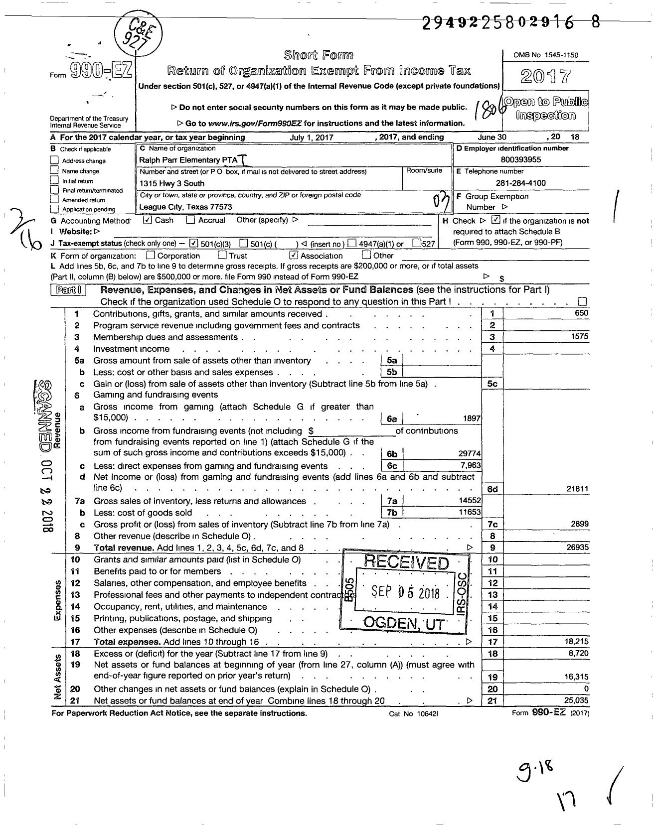 Image of first page of 2017 Form 990EZ for TEXAS PTA - 2225509 Ralph Parr Elementary PTA