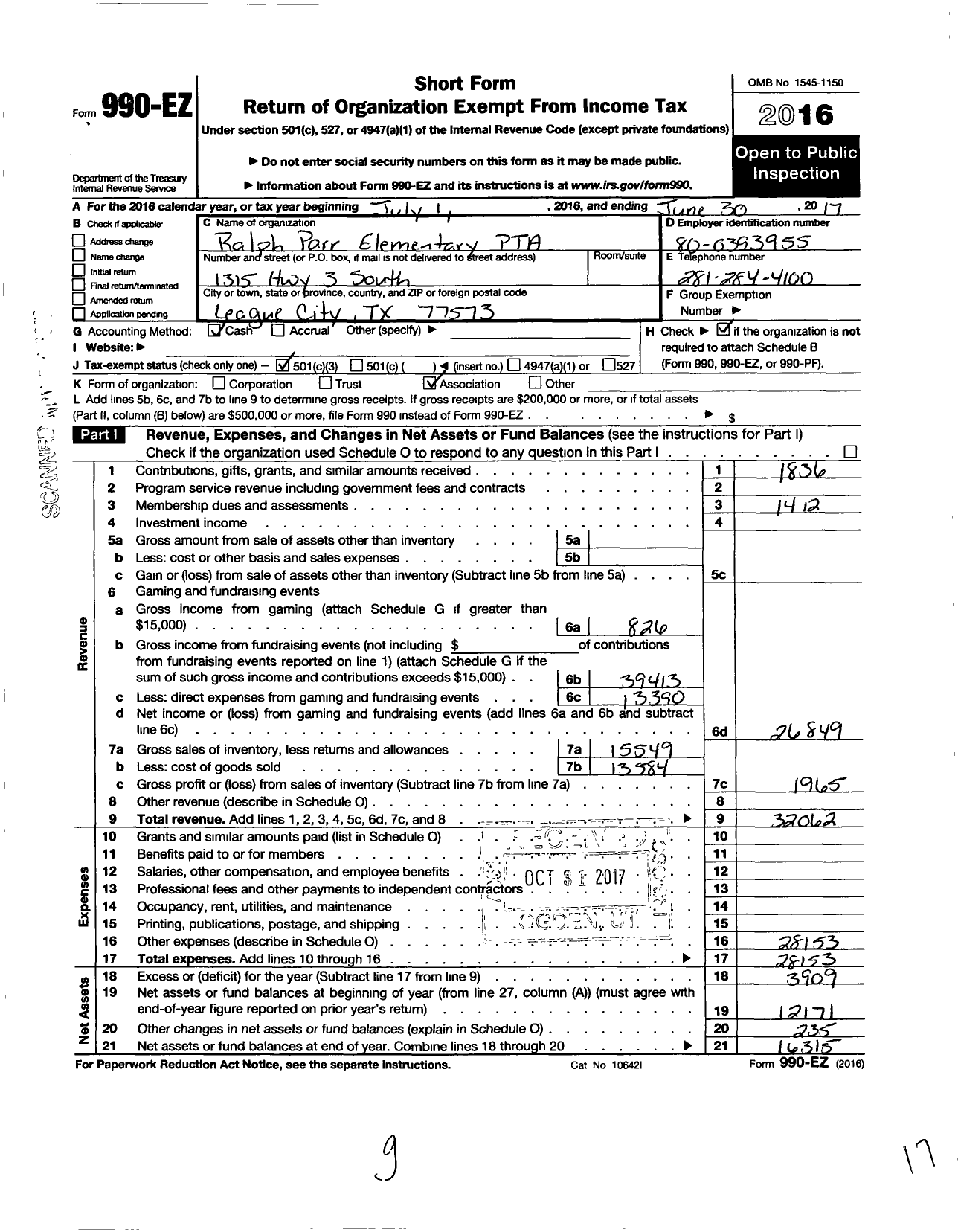 Image of first page of 2016 Form 990EZ for TEXAS PTA - 2225509 Ralph Parr Elementary PTA