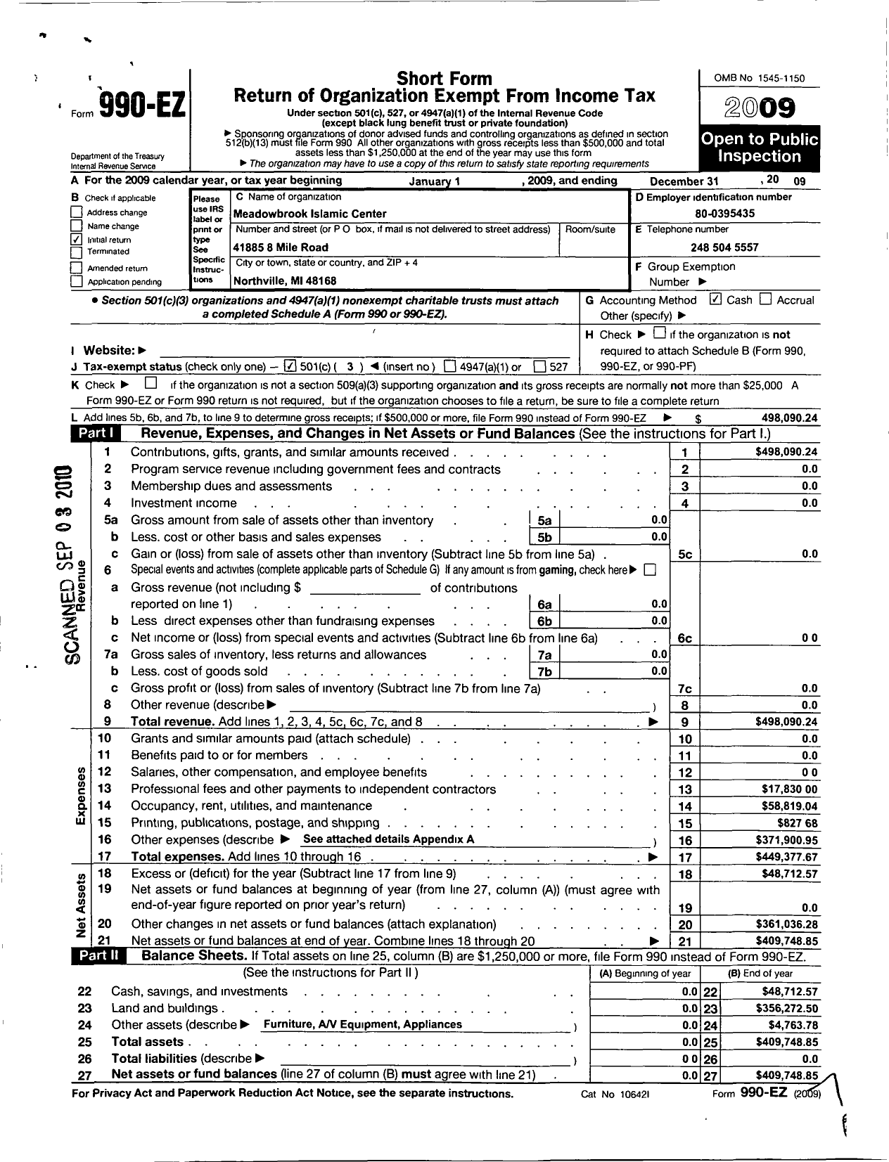 Image of first page of 2009 Form 990EZ for Meadowbrook Islamic Center