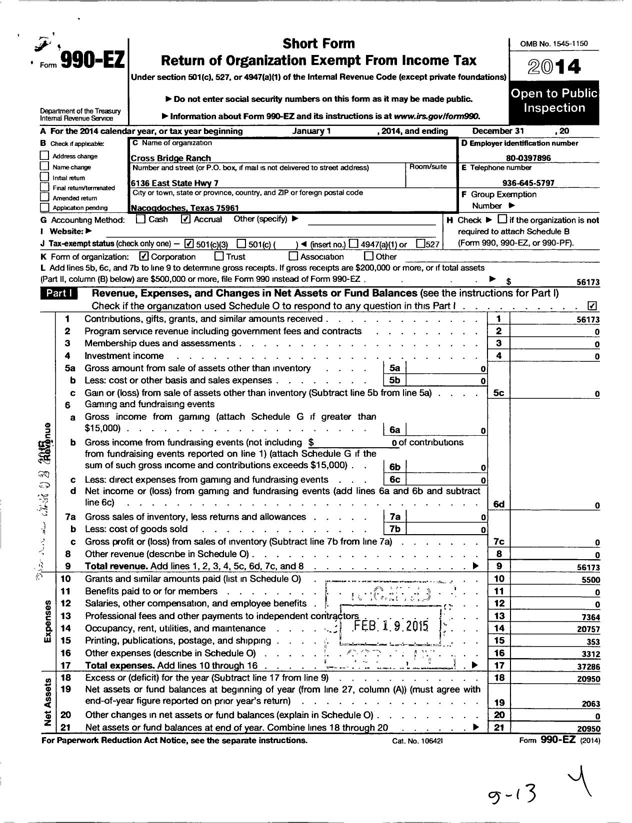 Image of first page of 2014 Form 990EZ for Cross Bridge Ranch