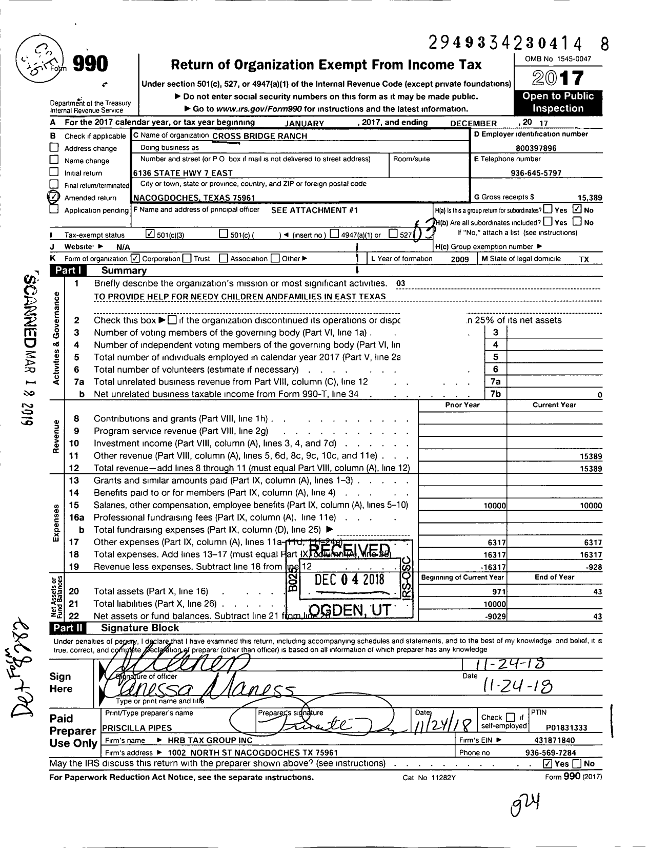 Image of first page of 2017 Form 990 for Cross Bridge Ranch