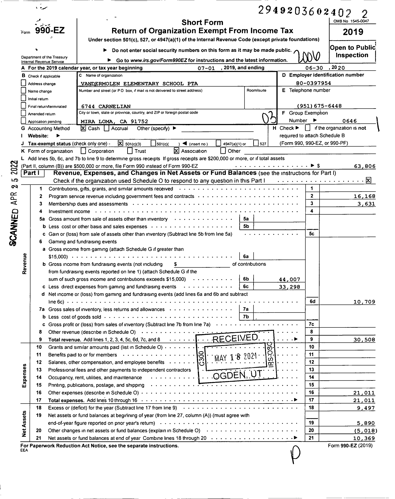 Image of first page of 2019 Form 990EZ for California State PTA - Vandermolen PTA