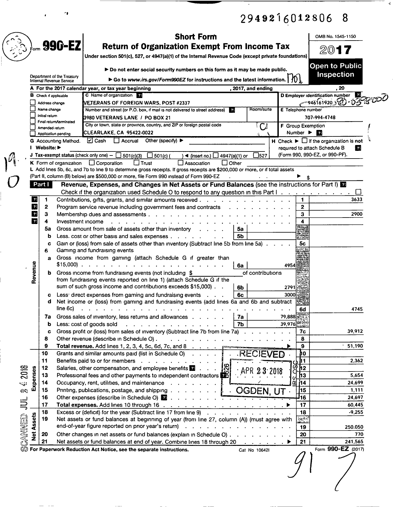 Image of first page of 2016 Form 990EO for Veterans of Foreign Wars of the United States Auxiliary - 2337 Clearlake Highlands Auxiliary