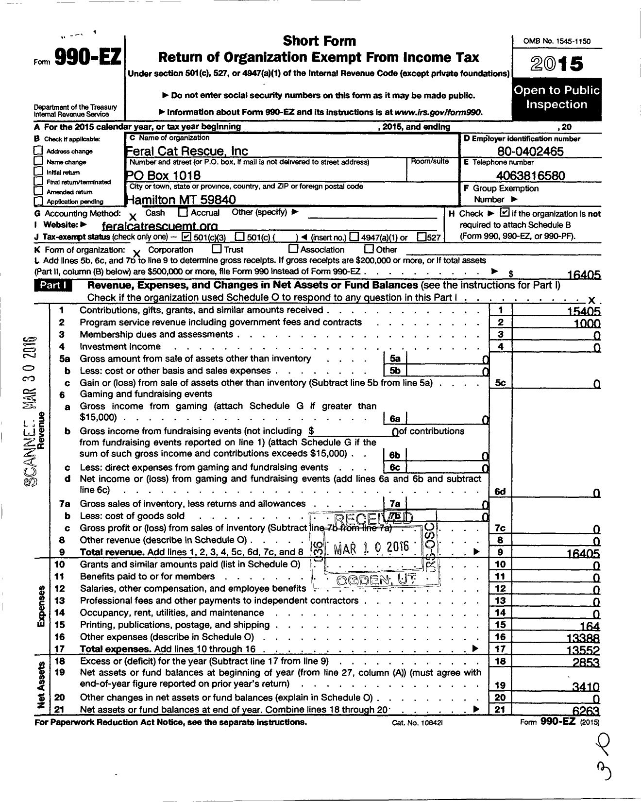 Image of first page of 2015 Form 990EZ for Feral Cat Rescue