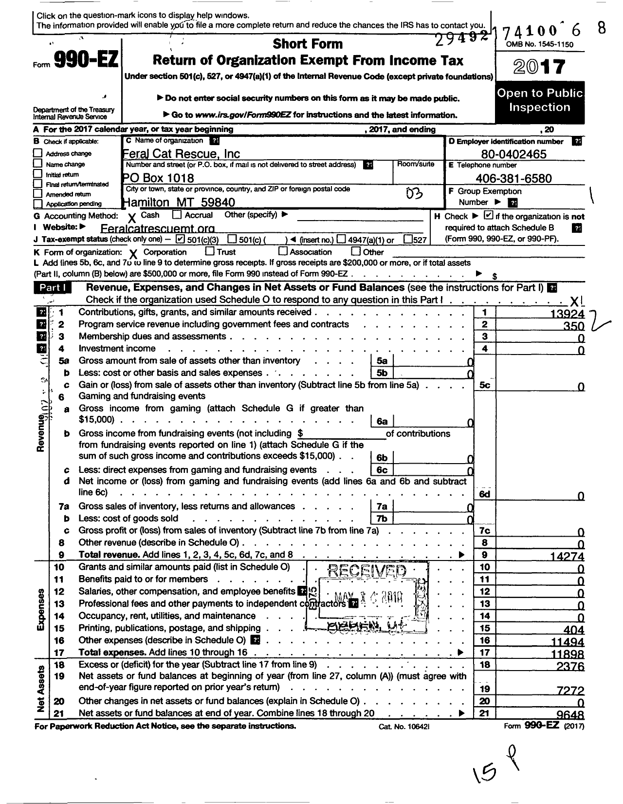 Image of first page of 2017 Form 990EZ for Feral Cat Rescue