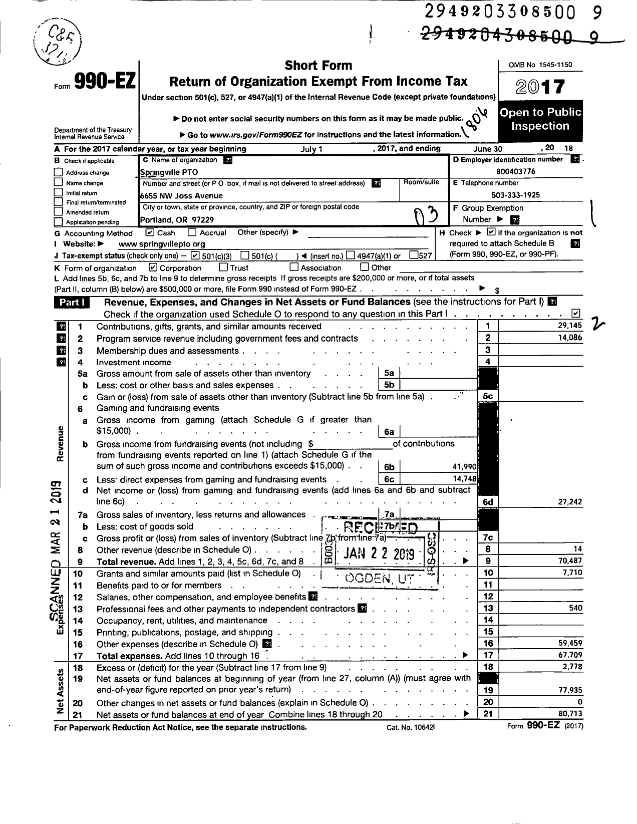 Image of first page of 2017 Form 990EZ for Springville Parent Teacher Organization