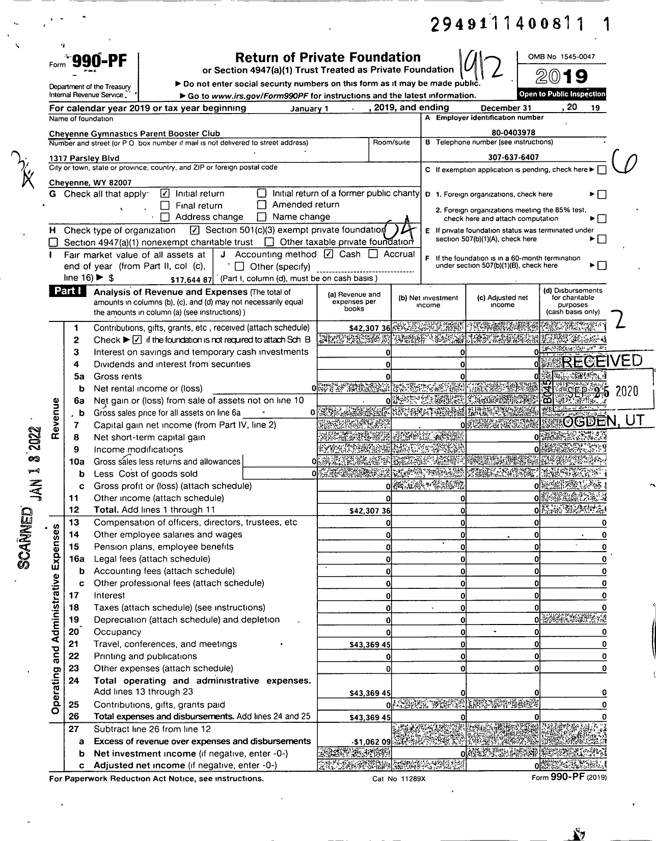 Image of first page of 2019 Form 990PF for Cheyenne Gymnastics Parent Booster Club