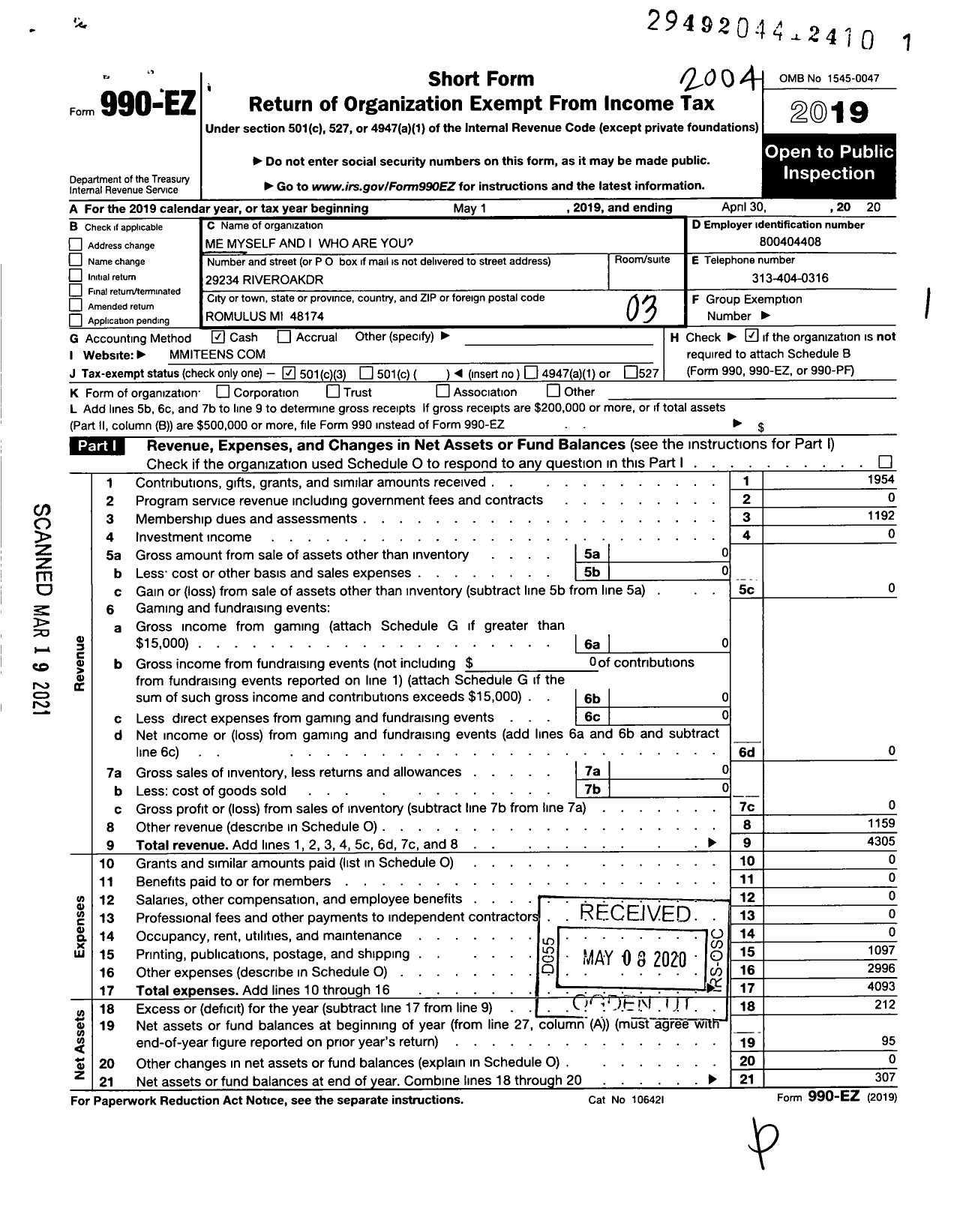 Image of first page of 2019 Form 990EZ for Me Myself and I Who Are You