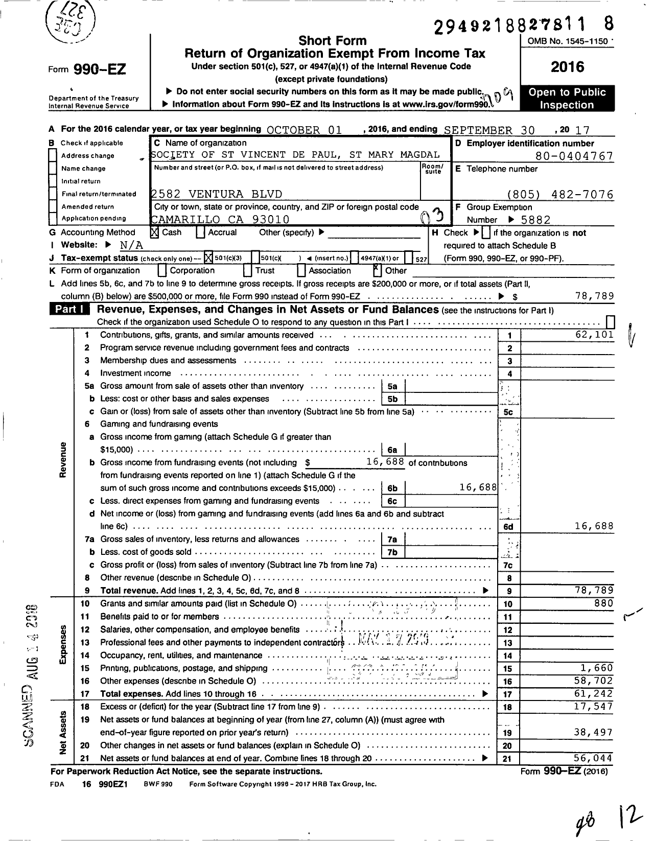 Image of first page of 2016 Form 990EZ for Society of St Vincent de Paul St Mary Magdalen