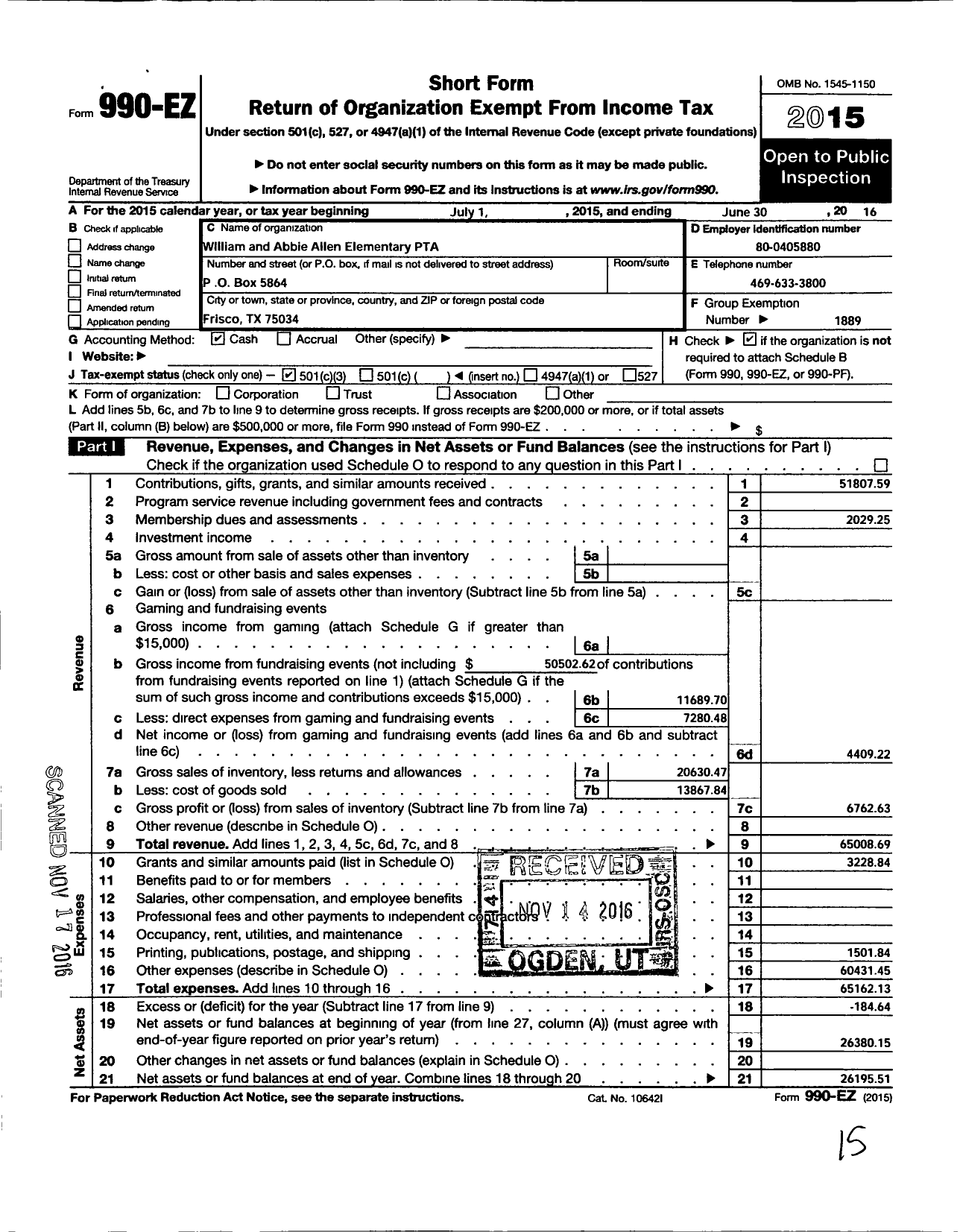 Image of first page of 2015 Form 990EZ for Texas PTA - Allen Elementary PTA