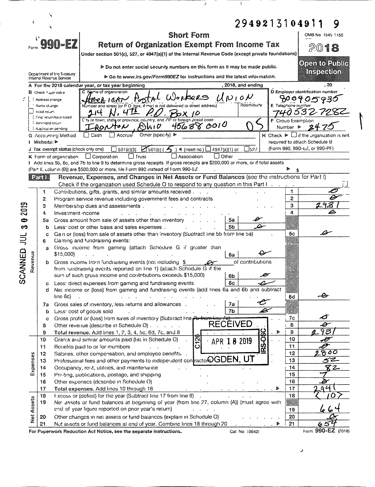 Image of first page of 2018 Form 990EO for American Postal Workers Union - Ironton Local 1180