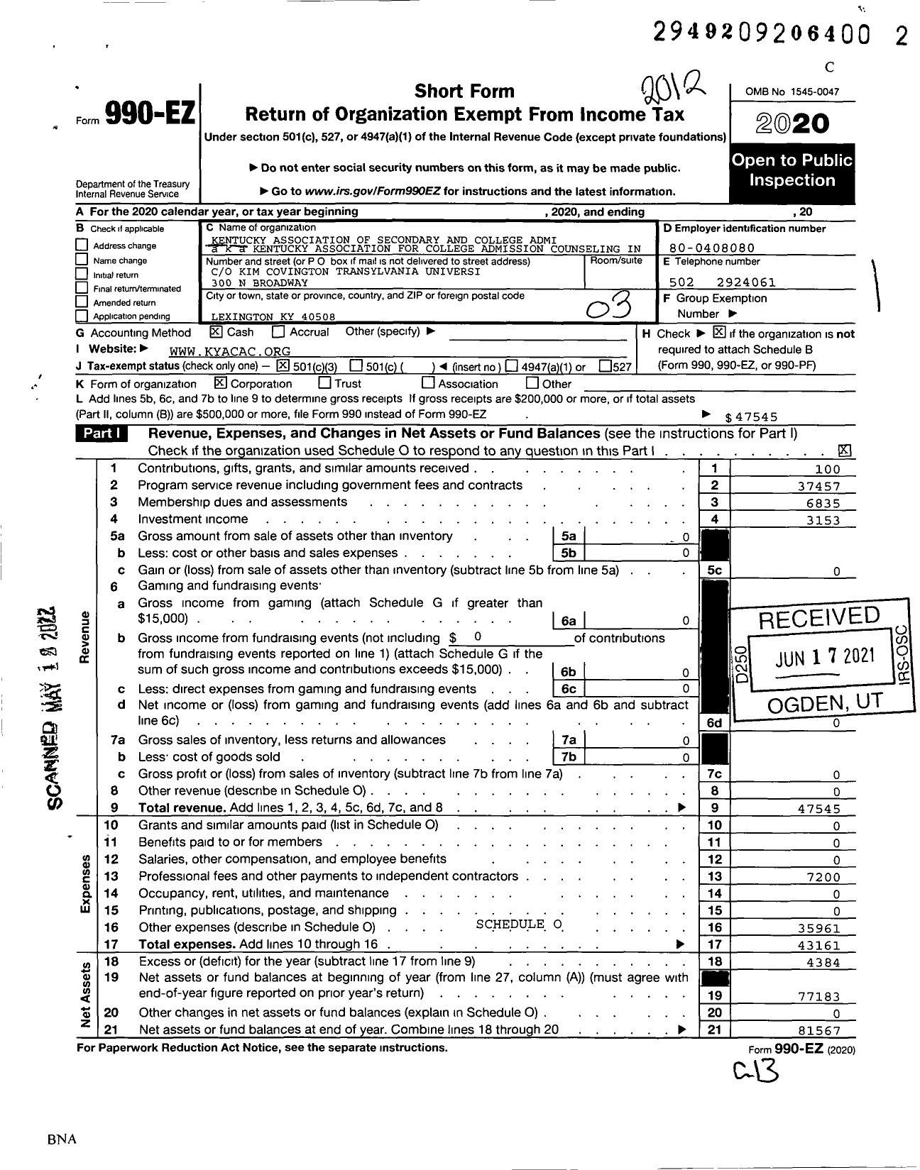 Image of first page of 2020 Form 990EZ for Kentucky Association of Secondary and College Admissions