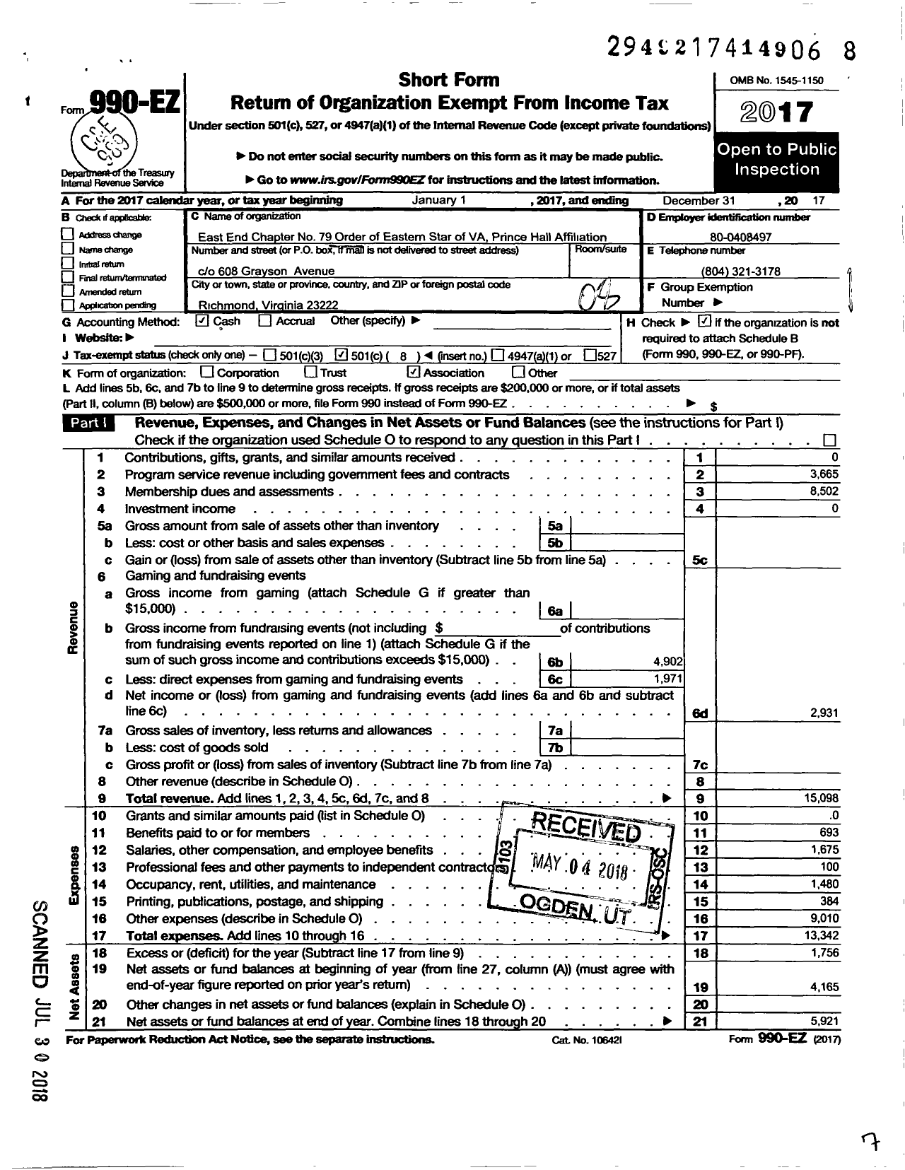 Image of first page of 2017 Form 990EO for Order of the Eastern Star Virginia - 79 East End Chapter