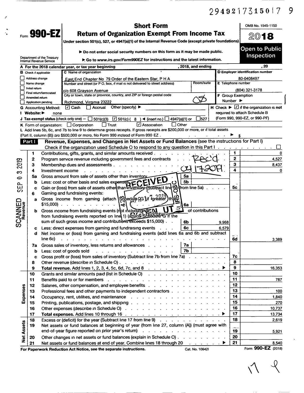 Image of first page of 2018 Form 990EO for Order of the Eastern Star Virginia - 79 East End Chapter