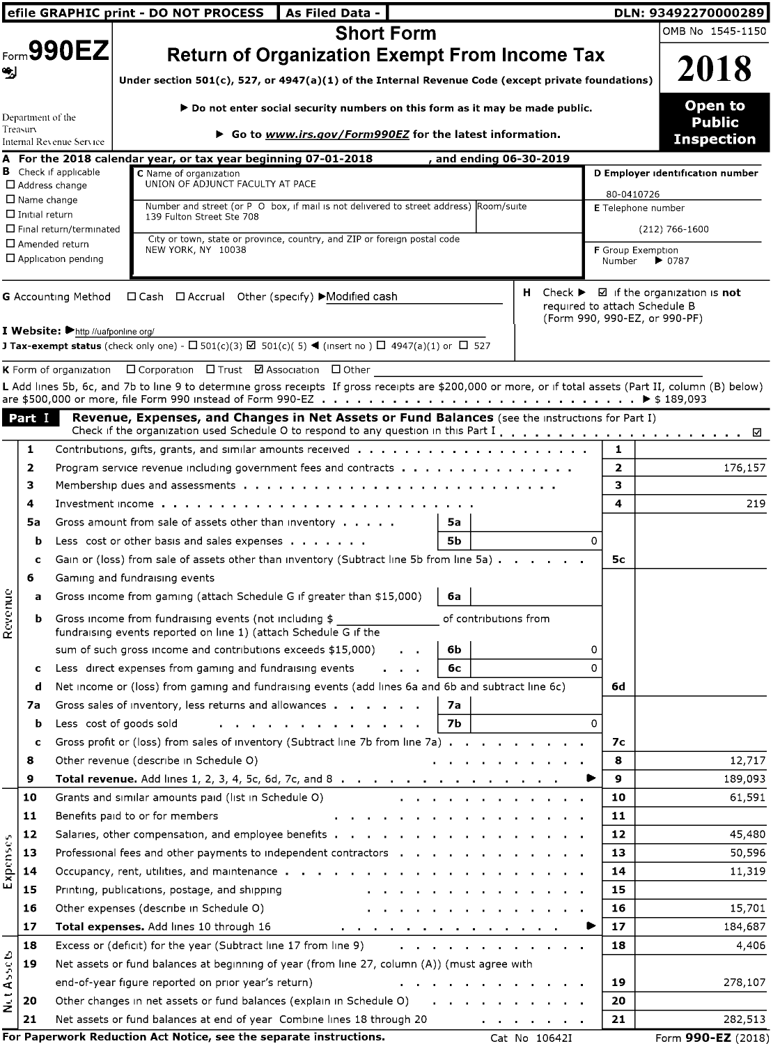 Image of first page of 2018 Form 990EO for American Federation of Teachers - Union of Adjunct Faculty at Pace
