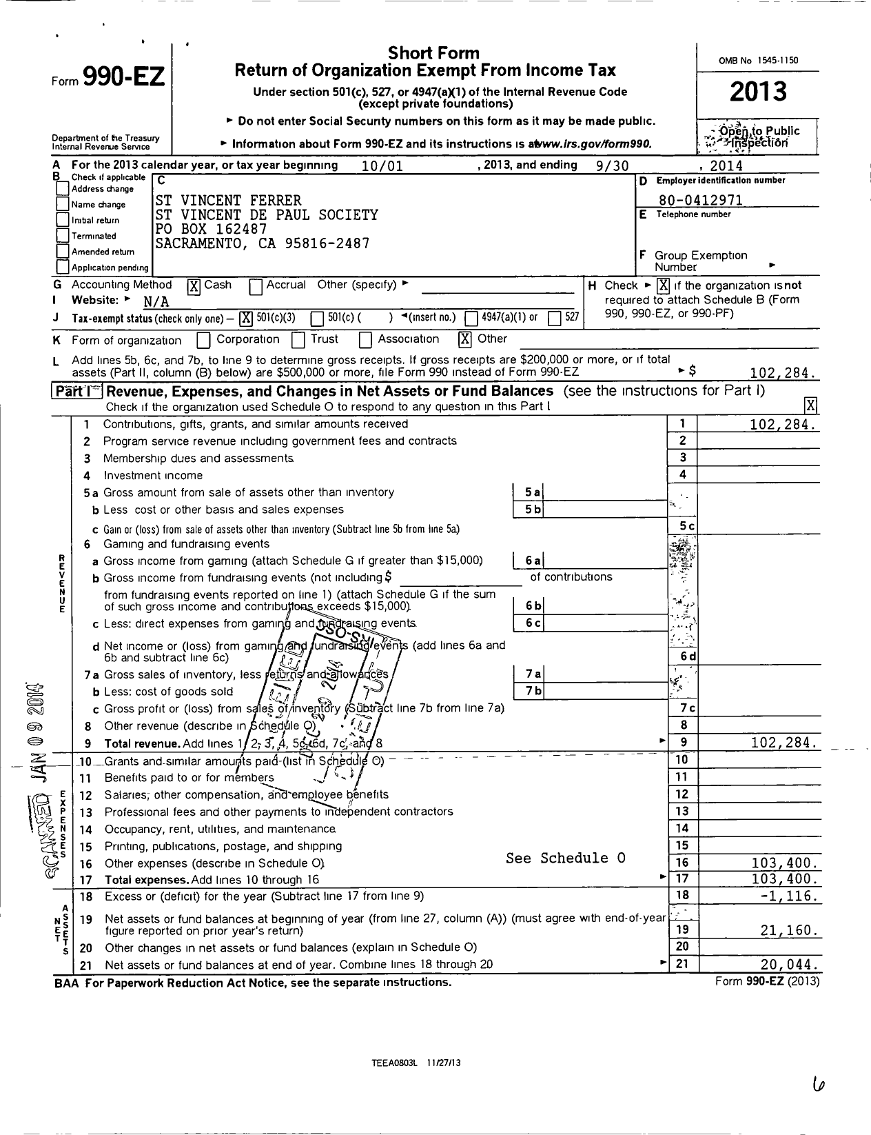 Image of first page of 2013 Form 990EZ for St Vincent Ferrer Conference Society of St Vincent de Paul