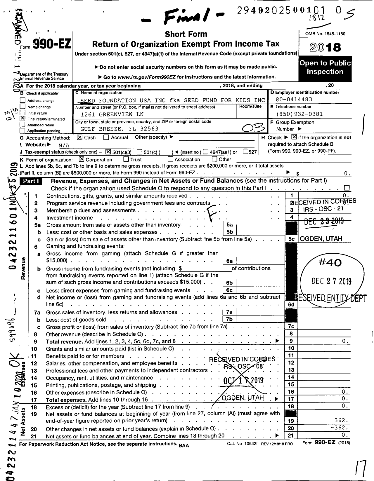 Image of first page of 2018 Form 990EZ for Seed Foundation USA