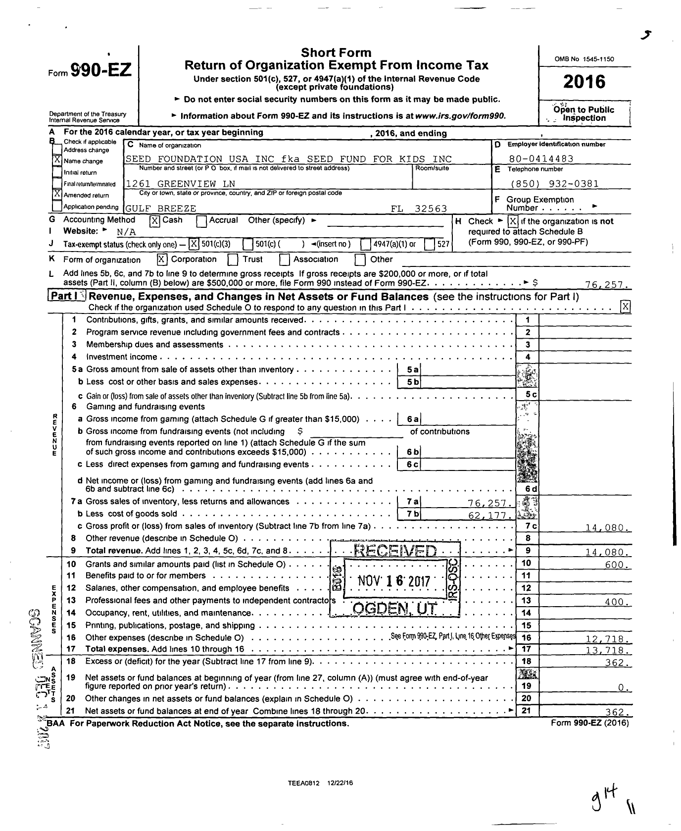 Image of first page of 2016 Form 990EZ for Seed Foundation USA