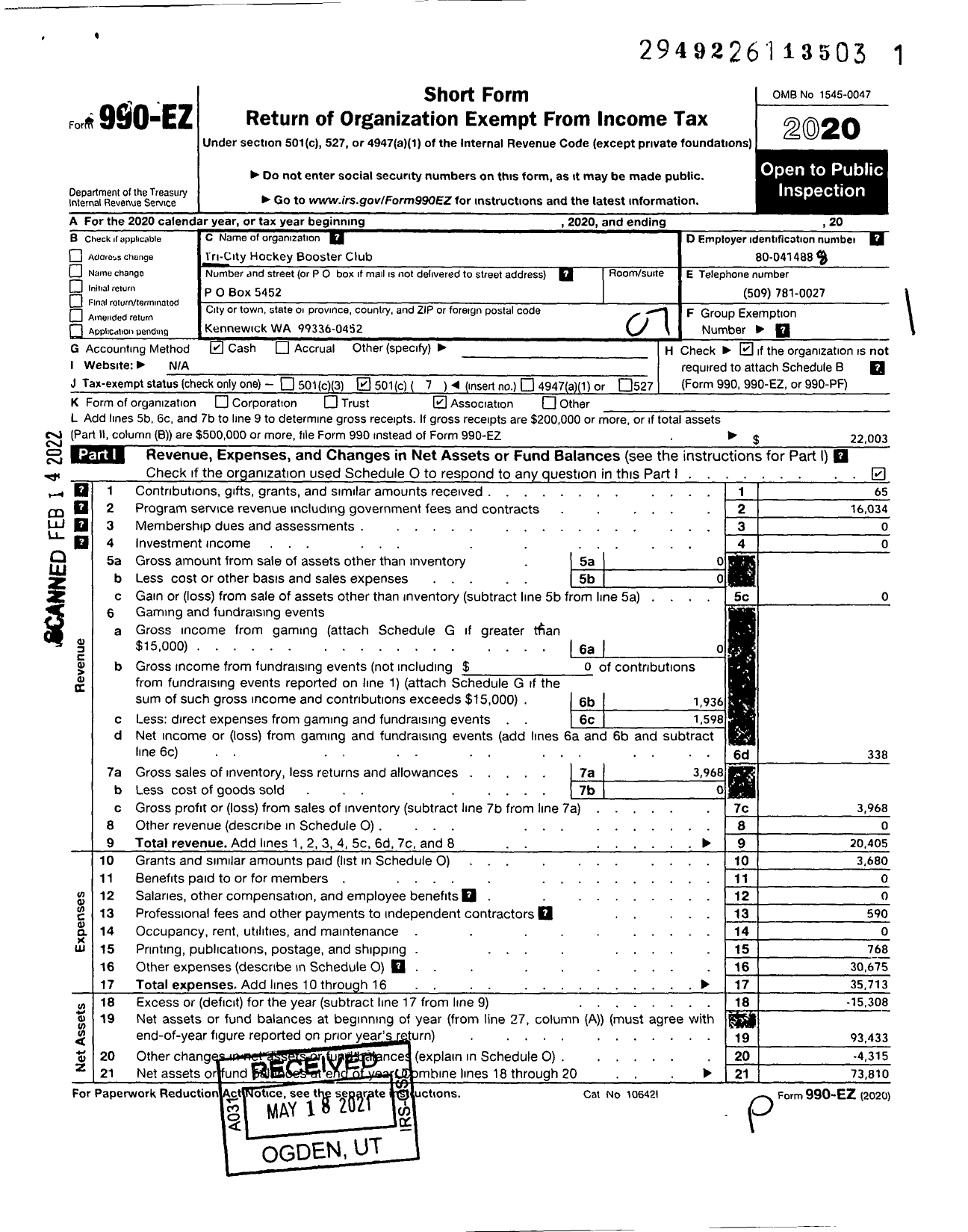 Image of first page of 2020 Form 990EO for Tri-City Hockey Booster Club