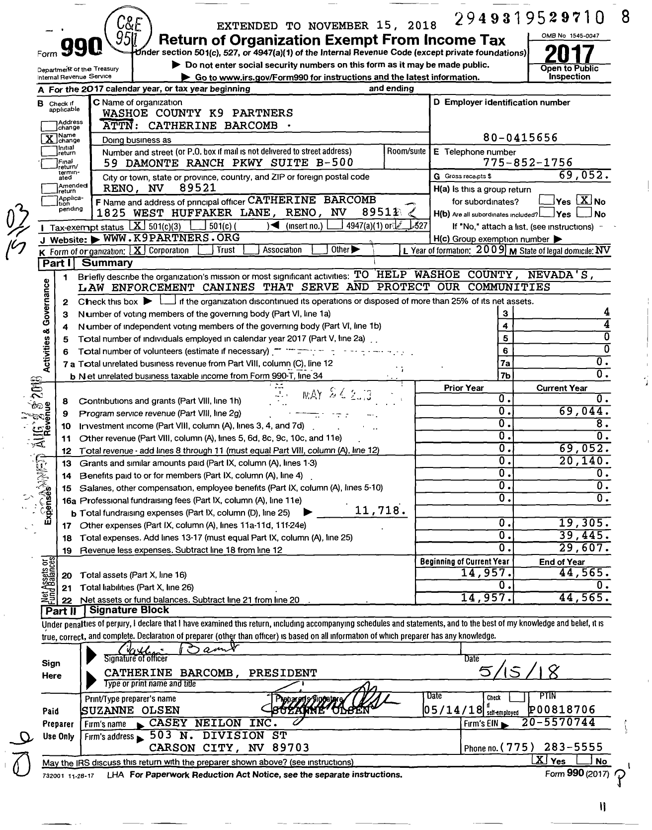 Image of first page of 2017 Form 990 for Washoe County K9 Partners