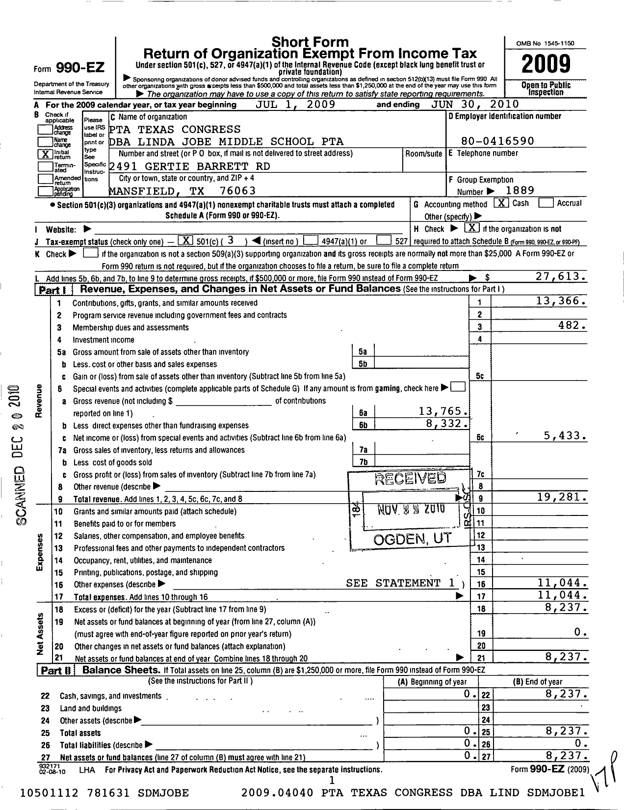 Image of first page of 2009 Form 990EZ for Texas PTA - Linda Jobe Middle School PTA