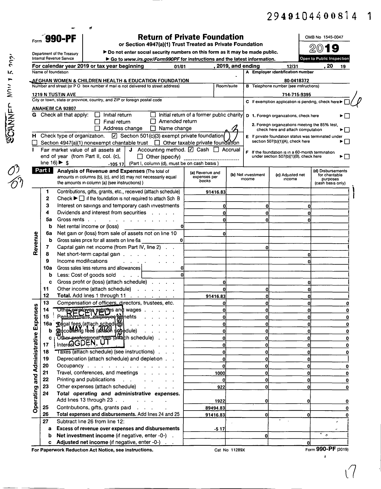 Image of first page of 2019 Form 990PF for Afghan Women & Children Health & Education Foundation