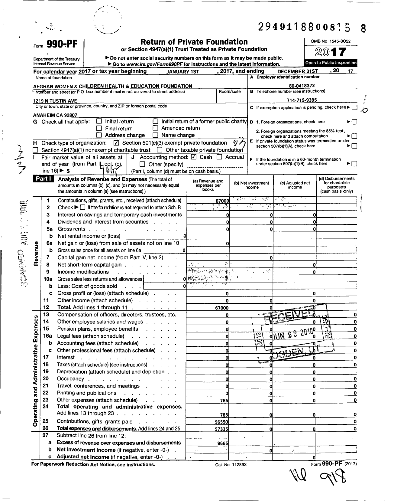 Image of first page of 2017 Form 990PF for Afghan Women & Children Health & Education Foundation