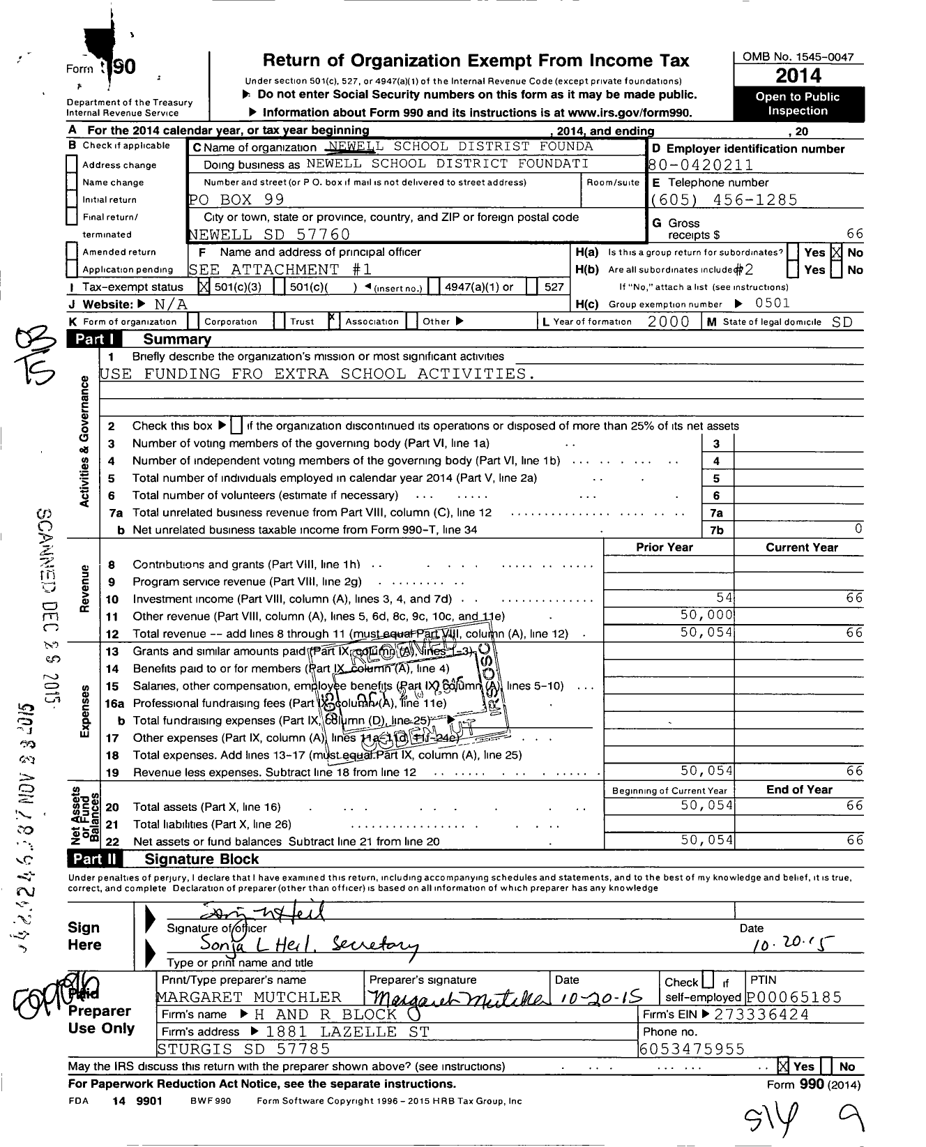 Image of first page of 2014 Form 990 for Newell School District Foundation